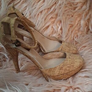 7 For All Mankind Cork Tan High Heel Women's Shoes 8.5M